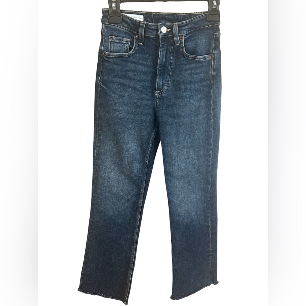 Zara Dark Wash Cropped Flare Jeans High Rise Raw Hem Straight Bootcut Size 4